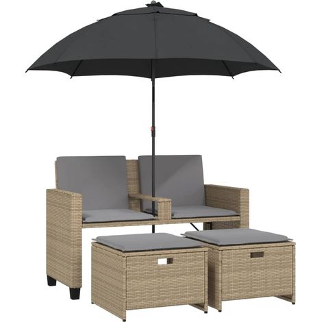 Maison Exclusive - Divano Giardino 2Posti Ombrellone e Sgabelli Beige Polyrattan
