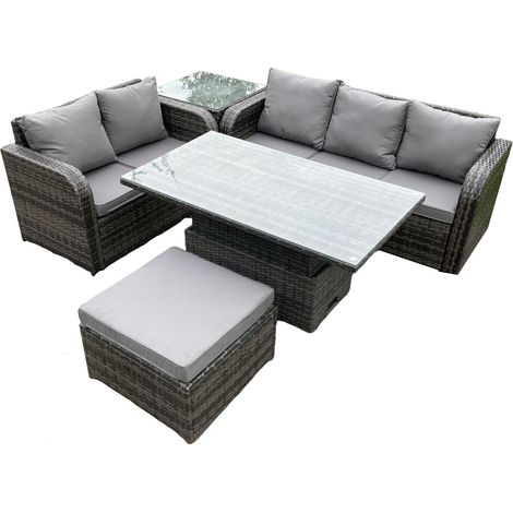 Fimous 6-Sitzer-Rattan-Gartenmöbel-Sets im Freien Höhenverstellbarer aufsteigender Esstisch-Lounge-Sofa-Satz mit Beistelltisch Großer Fußhocker Dunkelgrau gemischt