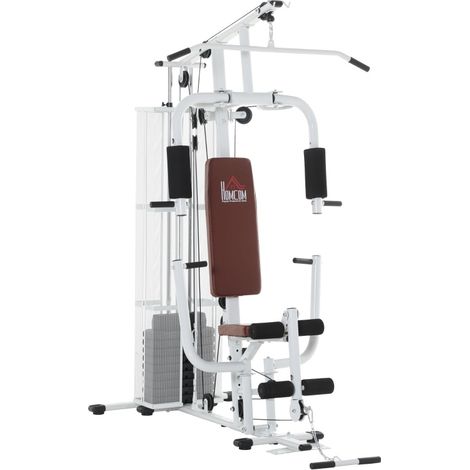 Station de musculation multifonction en métal blanc avec poulies et curl jambes 150 x 110 x 210 cm (1/5)