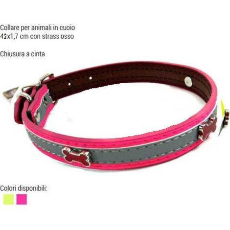 TrAdE Shop Traesio - Collare Per Cani Cuccioli Gatti Animali In Cuoio 42 Cm Vari Colori Strass Osso -