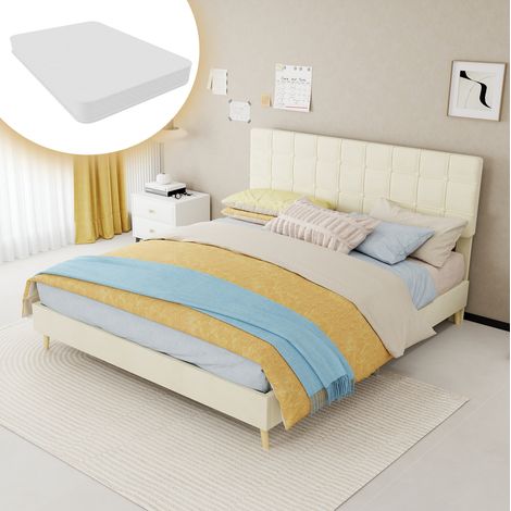 Letto 160x200 cm in tessuto beige con testiera imbottita, materasso incluso HAVRYA (1/5)