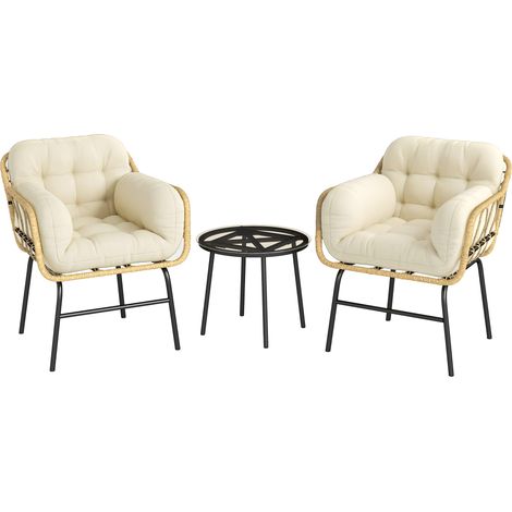 Salon de jardin 3 places en résine tressée, table verre trempé, 2 fauteuils coussinés, 62x73x79 cm, beige crème (1/5)