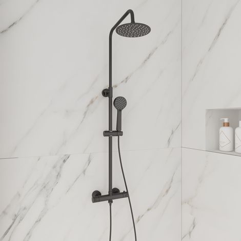 Round Matt Black Thermostatic Shower Kit with Fixed Head and Handset (1/3)