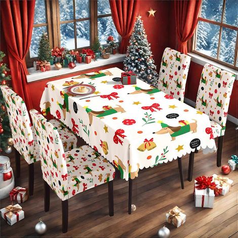 Ensemble de nappe et housse de chaise de Noël en soie de lait imperméable, imprimé, référence TC-222 (140 x 210 cm).