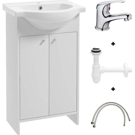 Ensemble meuble de salle de bain sur pied 50 cm blanc – Vasque céramique – Robinet et siphon inclus – Gain de place et montage facile (1/5)
