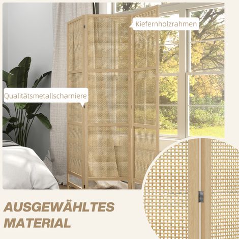 Paravent 3 panneaux 135x180 cm, séparateur de pièce en rotin PP, cloison pliable, brise-vue mobile pour salon, teinte naturelle (1/5)