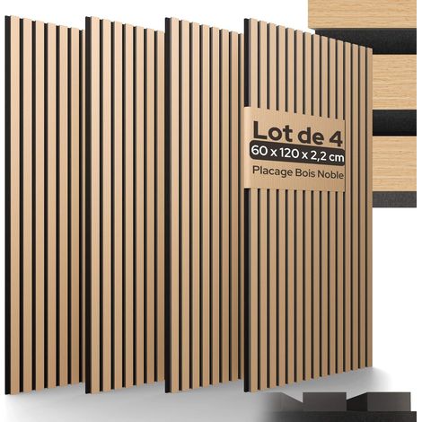Lot de 4 Panneaux Acoustiques 120x60 cm, Placage Bois Véritable, Absorption Sonore, Pour Mur Et Plafond
