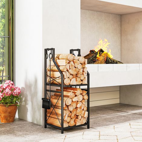 Estante de Leña Metálico de Chimenea Soporte para Leña de 2 Niveles con 4 Herramientas Ganchos 34x30x80 cm Negro (1/5)