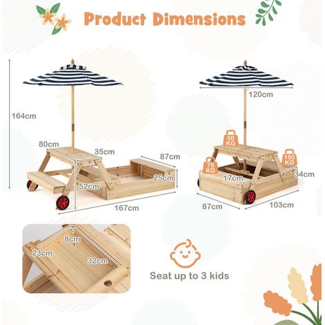 Enfants 3 à 5 ans : facile à ranger, bac à sable et table pique-nique 2 en 1 avec parasol réglable en bois bleu (1/5)