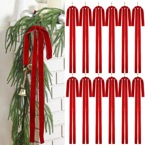 12 pièces de nœuds de ruban en velours rouge, décorations de sapin de Noël, nœuds décoratifs de couronne d'escalier en velours large rustique de 23,5x15,5 pouces, nœud de poinçon de sapin vintage (1/4)