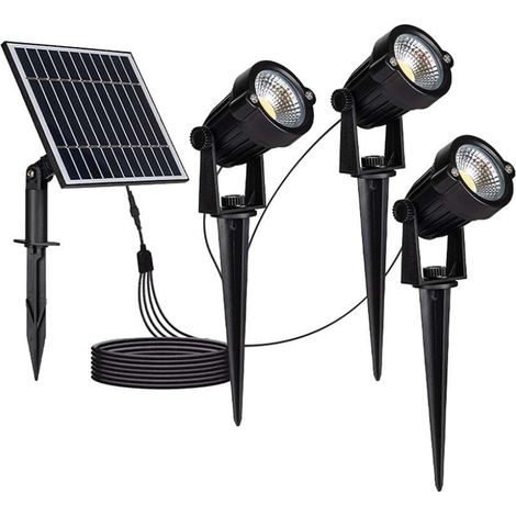 Focos LED de jardín V-TAC de 3 x 1,2 W con estaca y panel solar, color negro, blanco cálido, IP65