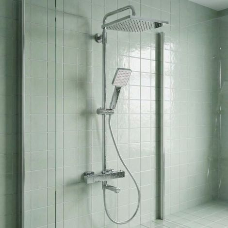 Robinet de baignoire carré + ensemble de douche avec sortie d'eau pour baignoire + pomme de douche carrée en plastique 300 mm × 200 mm + douchette à main carrée 5F, tuyau de douche rond, chromé (1/5)