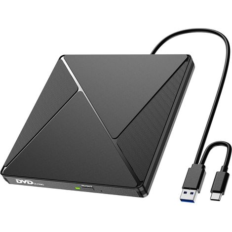 Lecteur CD/DVD Externe pour PC, USB 3.0 et USB-C Graveur DVD Externe Optique Portable CD/DVD -/+RW Drive, Mince DVD Player Transmission Rapide Câble USB Intégrée pour Laptop/Desktops (1/5)