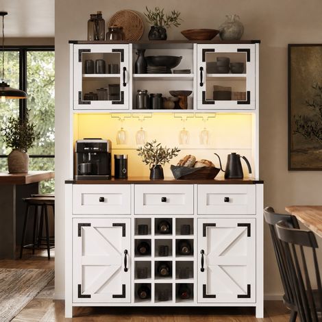 Mobile da cucina alto con prese USB e LED, 4 ante, 3 cassetti, bianco 120 x 40 x 170 cm DESVIAE (1/5)