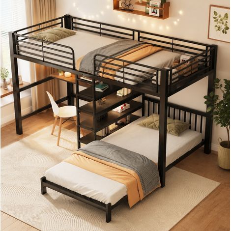 Lit superposé 2 places 90 x 200 cm en métal et MDF, avec bureau en L, rangements intégrés, prises USB et Type-C, coloris noir, sans matelas, pour chambre d’enfant – CHICFURN (1/5)