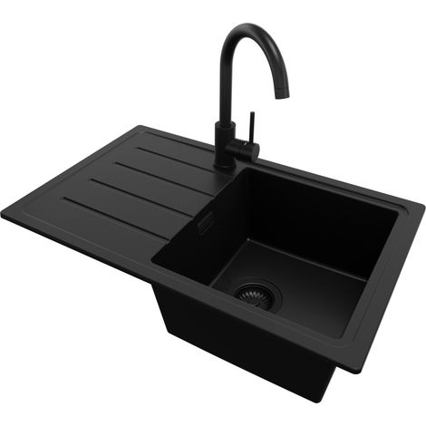 PRIMAGRAN Evier Cuisine en Granit 70x44cm, Lavabo 1 bac + Robinet 32x20cm + Kit de Vidage, Évier à Encastrer au meuble 45cm - Copenhague Easy, Tout Noir