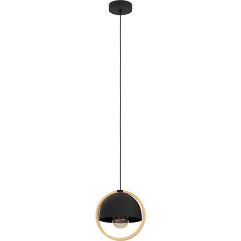 EGLO Hängelampe Callow, Pendelleuchte Esstisch 1-flammig, Esszimmerlampe aus Metall in Schwarz mit Ring aus Holz in Natur, FSCM70HB, Hängeleuchte mit E27 Fassung