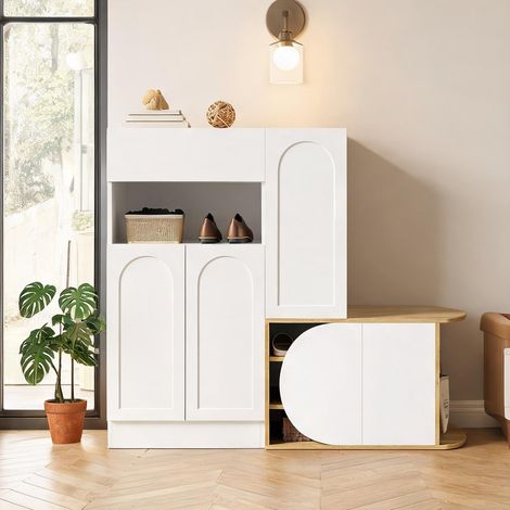 Meuble à chaussures blanc et bois avec banquette 5 portes en MDF (1/5)