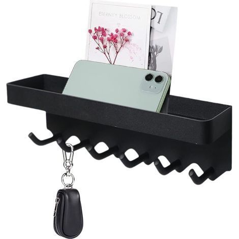 adhesive wall hook, 1 wall key holder, wall key hanger, self-adhesive, stainless steel key holder, with 6 hooks, without drilling, durable, for doors, living rooms, offices (black) (1/5)