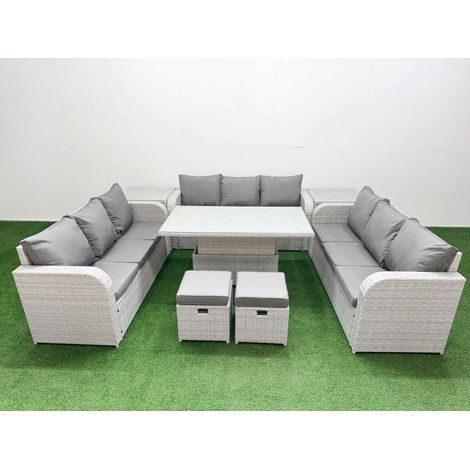 Fimous PE Rattan Lounge Sofa Set 11 Seater Outdoor Garden Furniture Set with Adjustable Lifting Dining or Coffee Table 3 Seater Sofa 2 Stools 2 Side Table Light Grey (1/5)