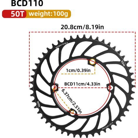 50T Plateau universel 4 trous à griffes pour vélo, mono-vitesse, entraxe 110 BCD, dents positives et négatives, 36T, 38T, 40T, 4250T, 58T (1/5)