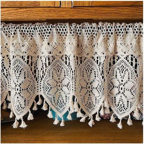 Rideaux rustiques au crochet, adaptés aux cuisines et aux petites fenêtres, avec pompons, parfaits pour la décoration de café, 90x38 cm. (1/5)