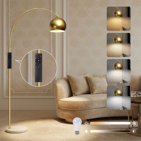 ROSNEK Bogenlampe Wohnzimmer 12W E27 dimmbar höhenverstellbar 150-175 cm Marmorsockel Fernbedienung Gold (1/5)