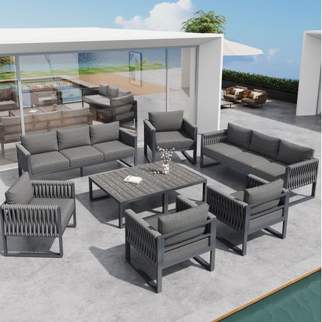 Salon de jardin 167x61x63 cm gris en métal et corde avec coussins, pieds réglables et housses déhoussables (1/5)