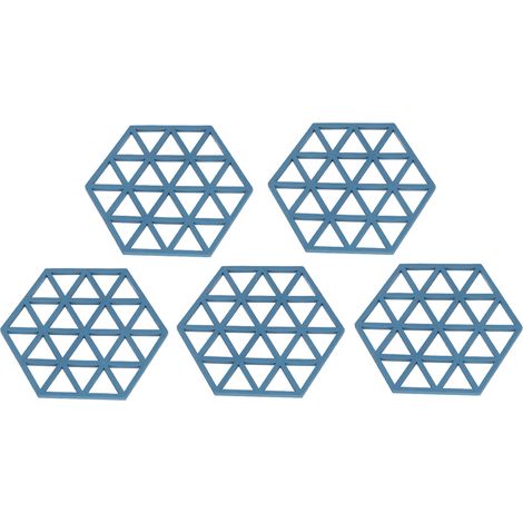 Lot de 5 coussinets isolants thermiques hexagonaux creux en silicone bleu, adaptés aux tasses de poulet pané, de thé ou de café des restaurants.