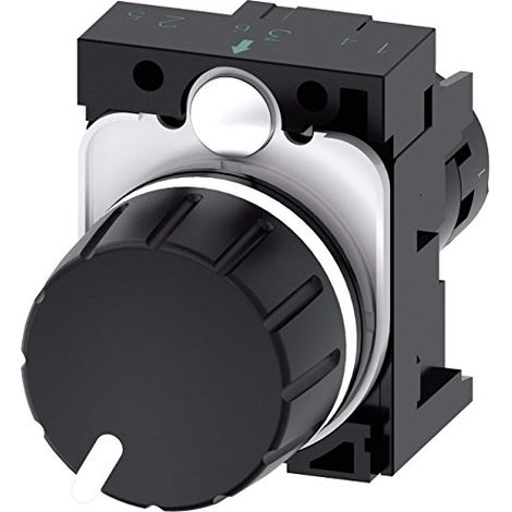 Potenciómetro compacto de 22 mm, 10 kΩ, 1 W, IP69(K), perilla de plástico negro con soporte de terminales de tornillo Sirius ACT 3SU1200-2PS10-1AA0
