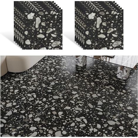 PVC Adhesive Floor Tiles Granite Effect Black Tiles Adhesive Kitchen Terrazzo Black Tile Adhesive Floor Bathroom Waterproof PVC Garage Tile 1.5 mm 30 cm × 30 cm 12 Pieces (1/5)