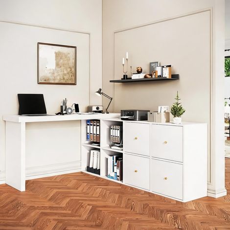 Bureau blanc MDF avec plateau pivotant et rangements en MDF (1/5)