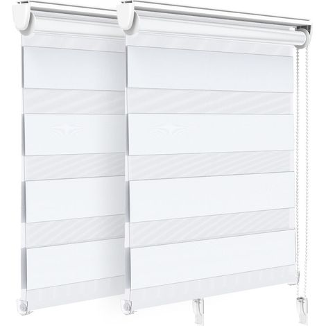 VOUNOT Set di 2 Tenda a Rullo Doppia Strato Oscurante Giorno e Notte, Catenella Laterale, Tenda Interno Zebra Blinds Bianco, 80 x 150 cm
