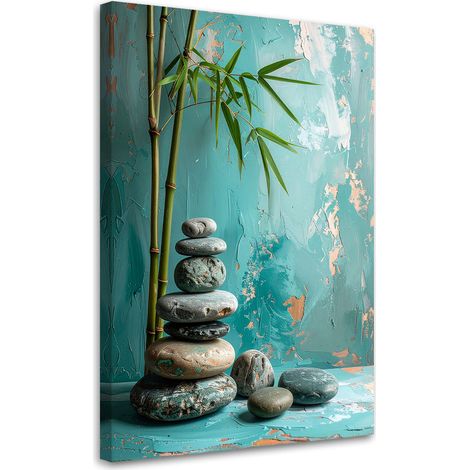 Tableau déco Pierres zen spa feuilles sur fond turquoise 60x90 (1/4)