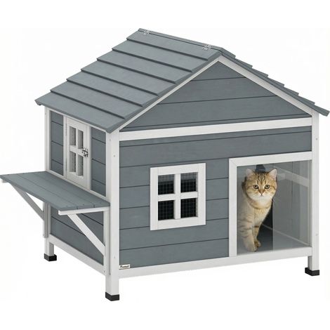 Zweistöckiges Katzenhaus aus Holz mit wasserdichtem, aufklappbarem Dach und seitlicher Plattform, 101 x 72,5 x 81 cm, Grau