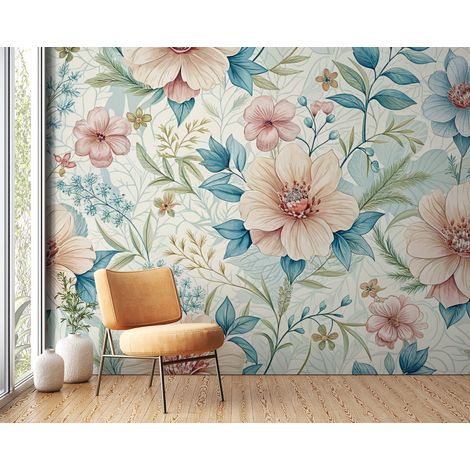 Papier peint fleuri - aquarelle bleu pastel - 150 x 250 cm (1/2)