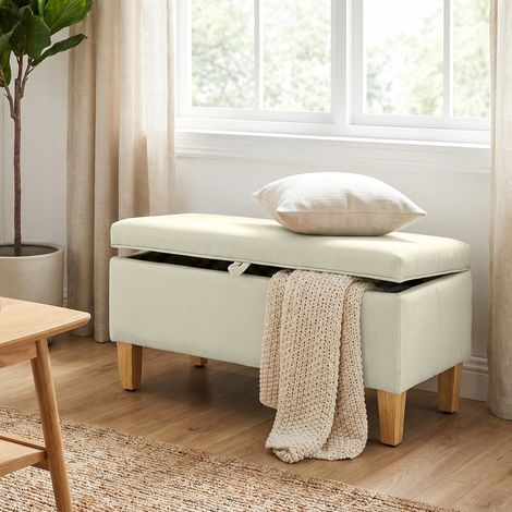 Banc rangement bout lit repose-pieds lin pieds bois caoutchouc 71x37x36 cm beige. Banc de rangement compact pour votre chambre, sobre et fonctionnel. (1/5)
