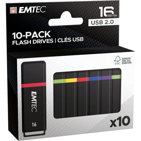 Emtec K100 ECMMD16GK1 Paquete de 10 USB 2.0 de 16 GB, negro / multicolor (1/4)