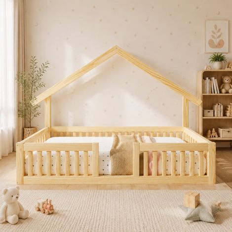 Cama infantil 90x200 cm de madera, tipo casa con barrera de seguridad, LED, natural HAVRYA (1/5)