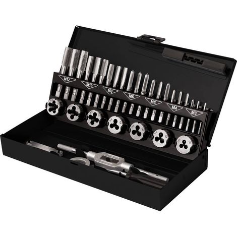 TOOLCRAFT TO-7015521 KIT maschi e filiere 32 parti Acciaio M3 x 0.50, M4 x 0.70, M5 x 0.80, M6 x 1, M8 x 1.25, M10 x 1.