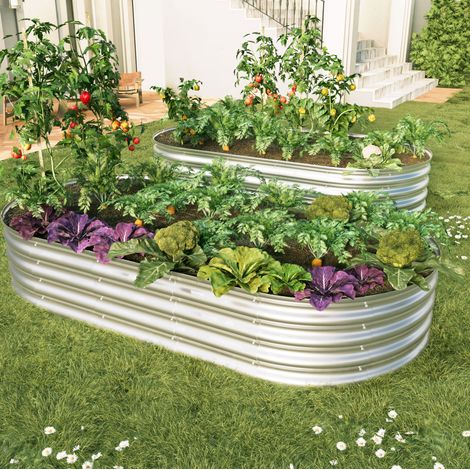 Huerto elevado 182,9 x 91,5 x 30,5 cm, lote de 2, acero galvanizado, plata OKMYHOME (1/5)