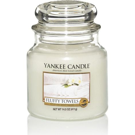 Yankee candle 1205377E Fluffy Towels Candele in giara media, Vetro, Bianco, 9.9x9.8x13.7 cm