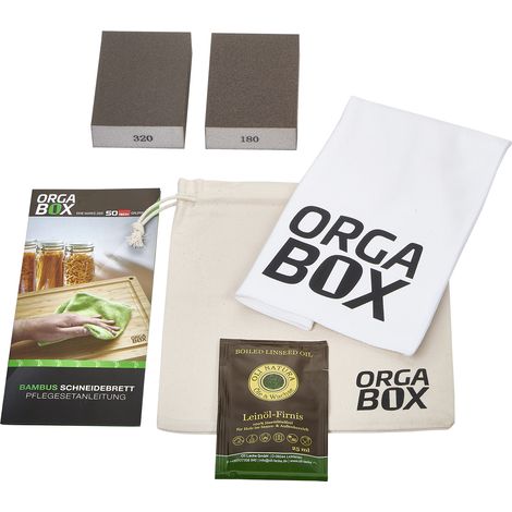 ORGA-BOX Pflegeset für Bambus-Schneidebretter, 2 Schleifblöcke 180er & 320er Körnung, 1 Mikrofasertuch, 1 Jute Aufbewahrungsbeutel, 1 Pflegeanleitung