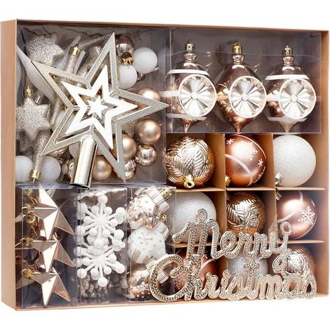 Set mit 70 bruchsicheren Weihnachtskugeln zum Aufhängen am Weihnachtsbaum, inklusive „Frohe Weihnachten“-Schild und Baumspitzendekoration. Champagnerfarbene Weihnachtsdekoration für drinnen und drauße