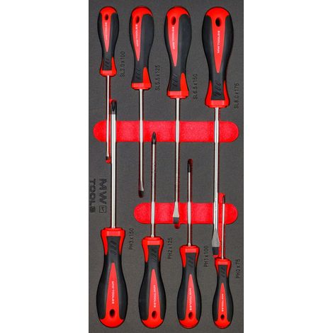 Mw Tools – Jeu de tournevis plat PH 8 pièces – Longueur 100 à 175mm – Empreinte pour vis bois et métal – MWSC7PLPH