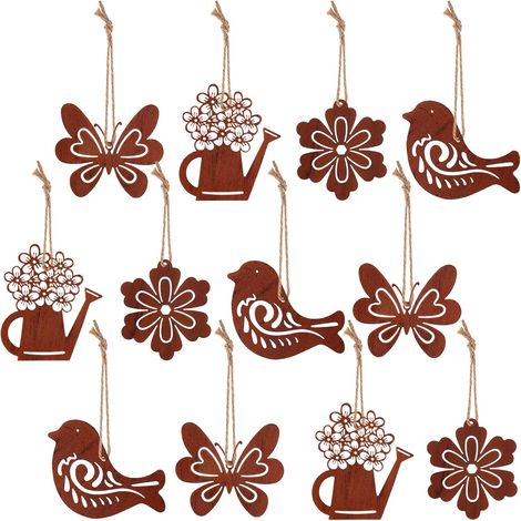 12 hängende Dekorationen aus rostigem Metall: Vogel, Blume, Gießkanne, Schmetterling, Gartenornament im Patina-Stil, Vintage-Hängefigur mit Leinenseil für Ostern