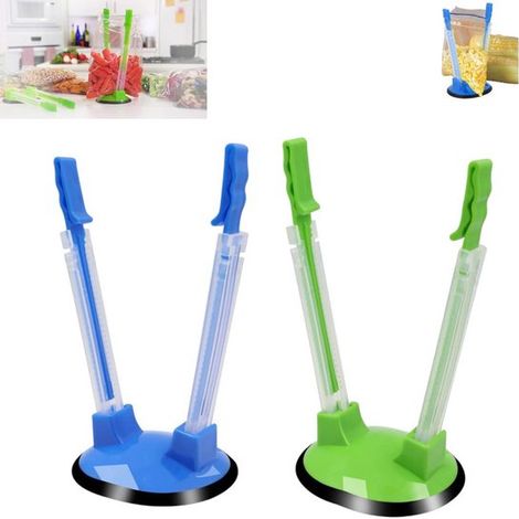 Lot de 2 sacs de conservation alimentaire - Support pour sacs alimentaires - Étagère de rangement de cuisine - Accessoire de cuisine - Réglable - Vert - Porte-sacs mains libres - Étagères pour sacs de (1/5)