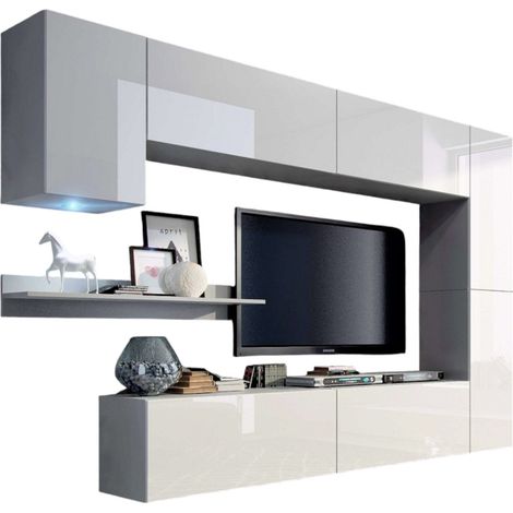 Hängendes Wohnzimmermöbelset in Weiß, Kollektion CEPTO VI, 256 cm, 7 Türen, 6 Regale, LEDs, modular