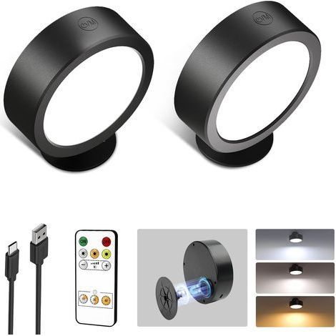 Wiederaufladbare kabellose Wandleuchte für den Innenbereich, 3200 mAh, dimmbare LED mit 12 Farbmodi, 360°-Drehung und Touch-Tasten für Wohnzimmer, Schlafzimmer, Nachttisch, Flur, Schwarz (2 Stück) (1/5)