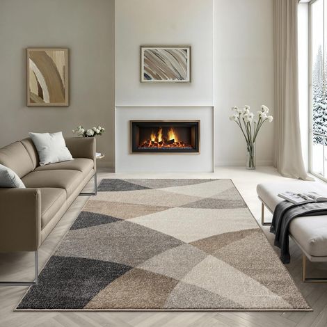 Tapis à Poils Courts et denses - Moderne - pour Salon et Chambre à Coucher - Découpe des Contours - Motif géométrique - Motif ondulé - Beige - 200 x 280 cm
